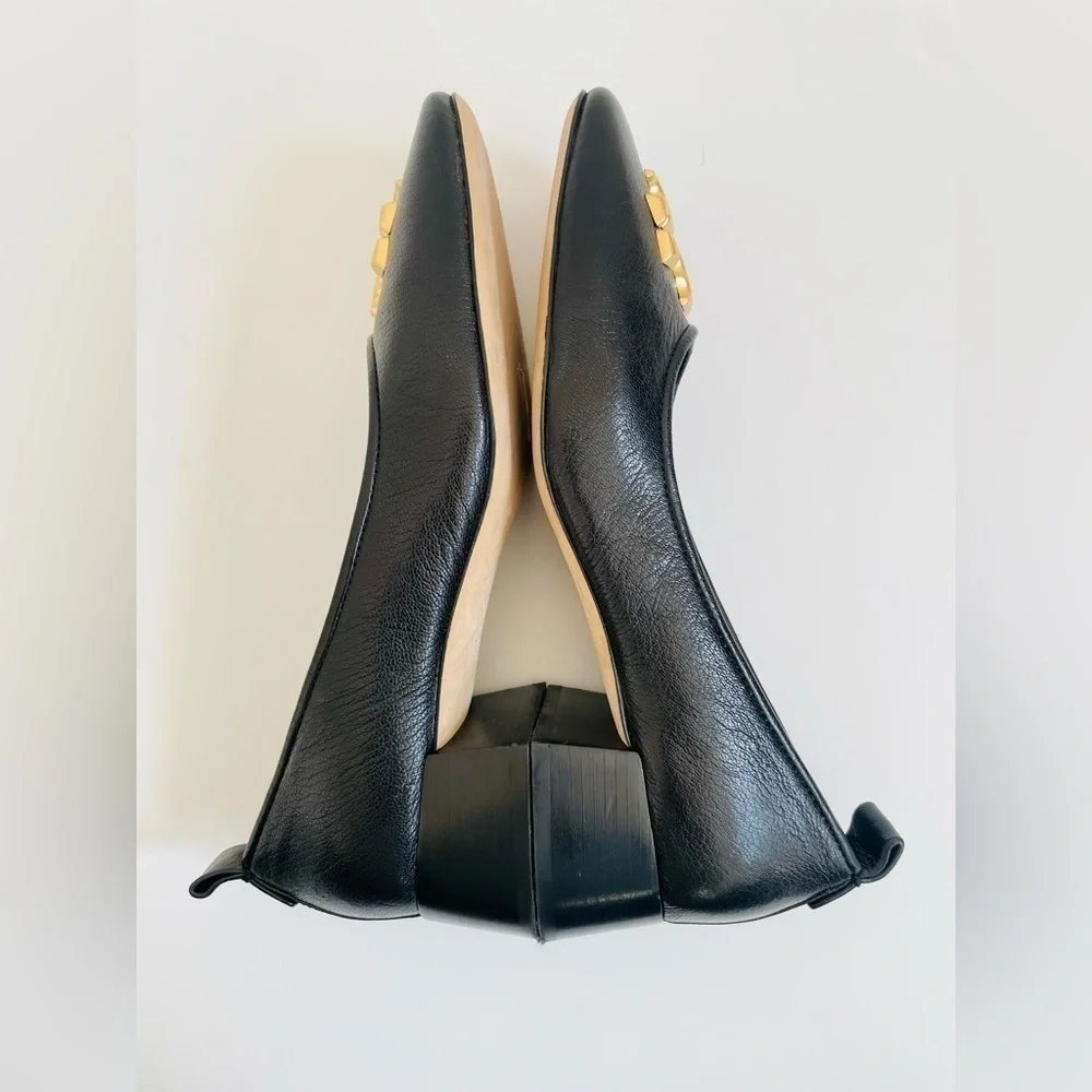 Tory Burch Black Leather Eleanor Logo Plaque square toe pumps 10.5